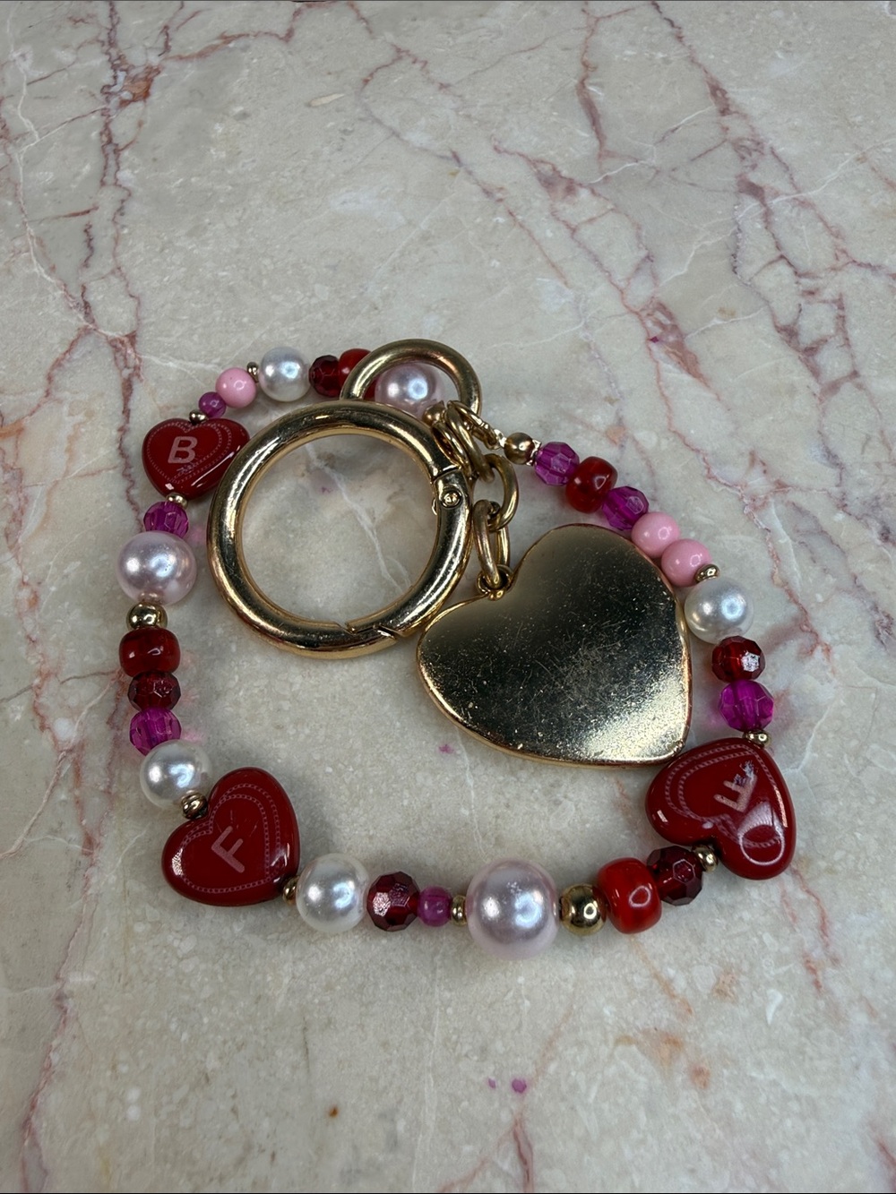 Heart Keychain Charm with Pink, Red and Pearl Beads - B - F